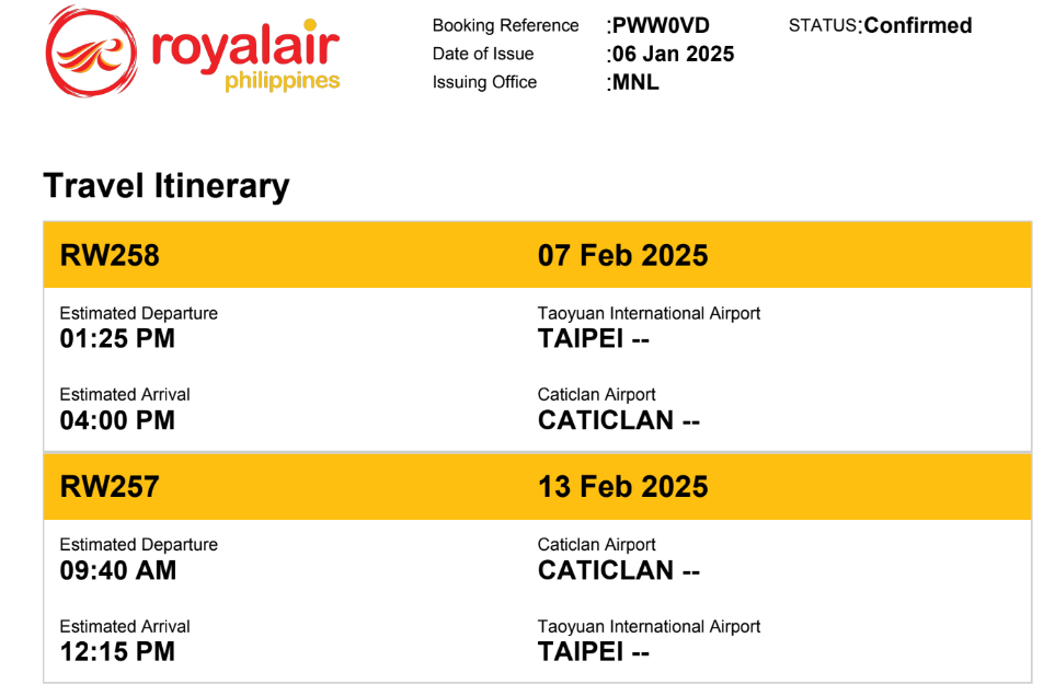 菲律賓皇家航空(Royalair) 電子機票